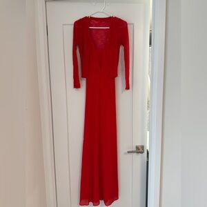 Red Sleeveless Maxi Dress with Matching Cardigan